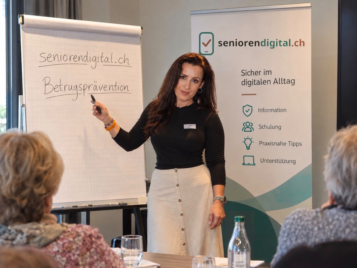 Valbona Koca erklärt in einem Kurs für Seniorinnen und Senioren das Thema Betrugsprävention am Flipchart